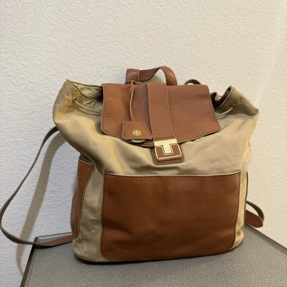 Tory Burch Penn Backpack Tan Nylon Brown PU Leather Pockets Handbag Purse